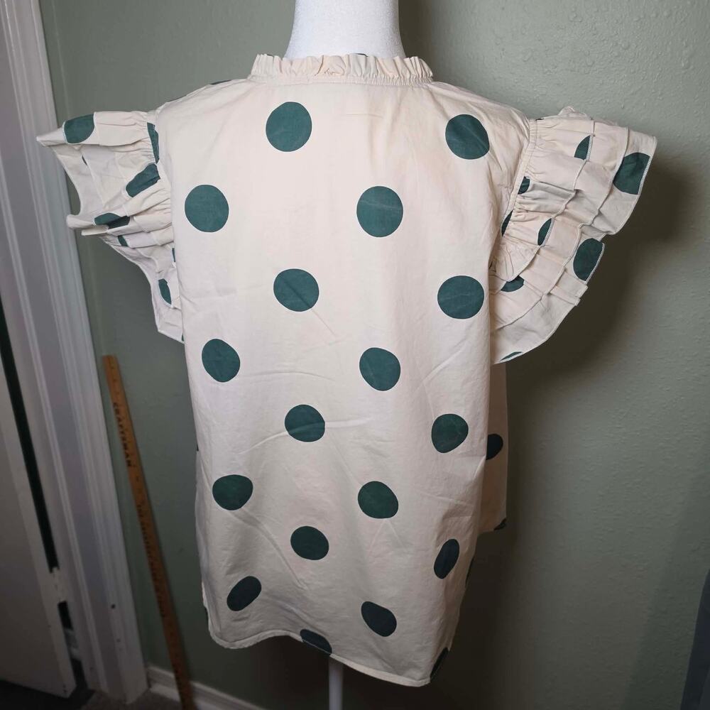 Cream & Emerald Green Polka Dot Tiered Ruffle Sleeve Top Split V-Neck Babydoll